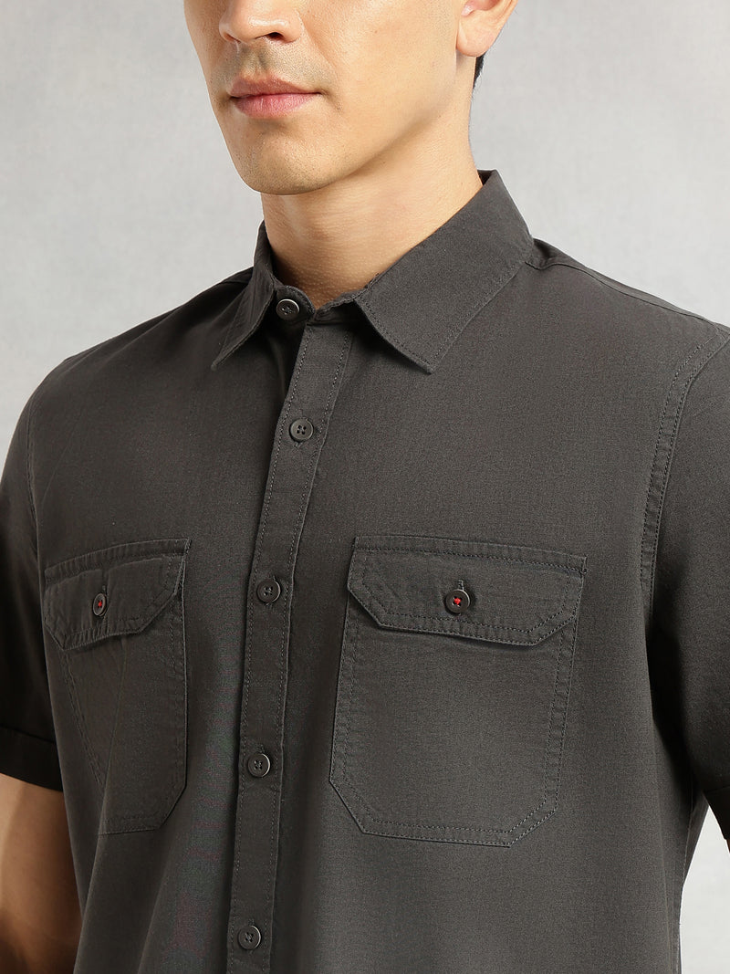 Thomas Scott Men Steel Grey Men Cricket Club Collection Premium Slim Fit Casual Shirt-Dual Flap Pockets With Short Sleeves