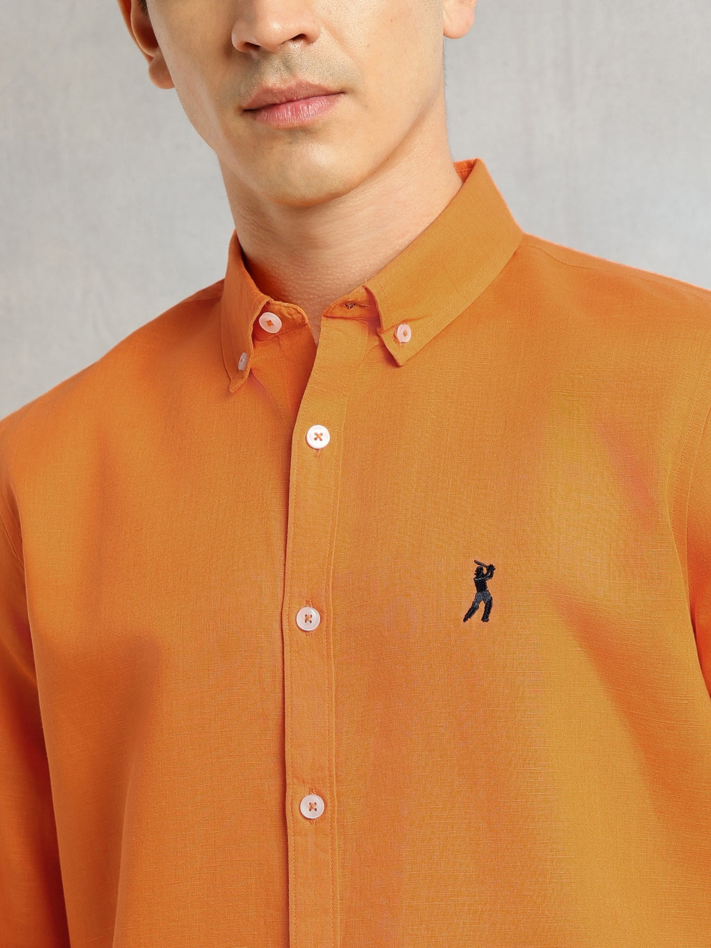 Thomas Scott Men Orange Premium Cricket Club Collection Slim Fit Button Down Collar Cotton Linen Casual Shirt