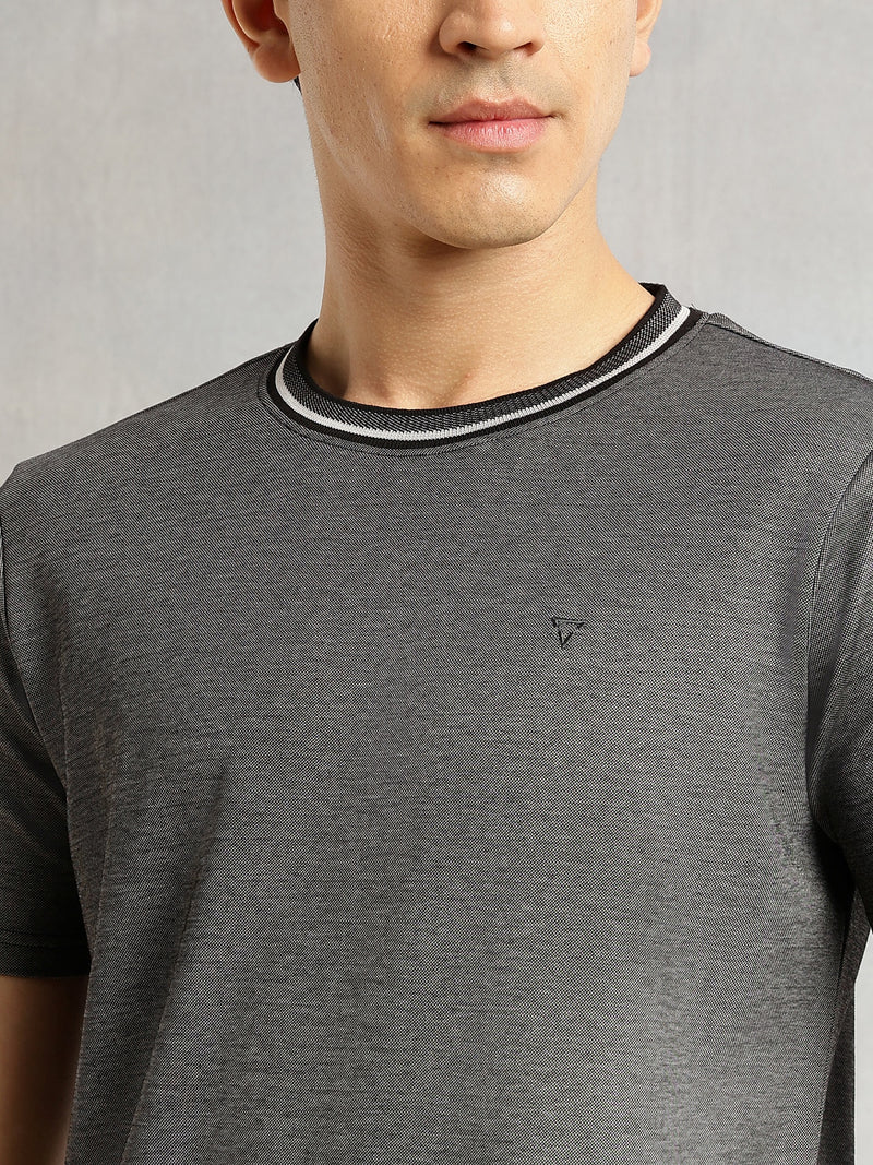 Thomas Scott Men Black Regular Fit Short Sleeves Round Neck Solid Knitted Tshirt