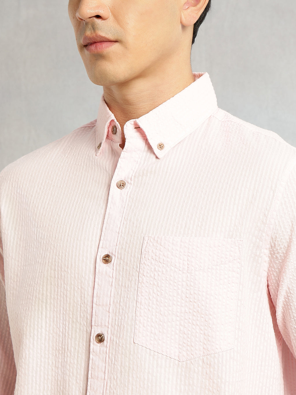 Thomas Scott Men Pink Premium Slim Fit Long Regular Sleeves Button-Down Collar Pinstripes 100% Cotton Seersucker Casual Shirt