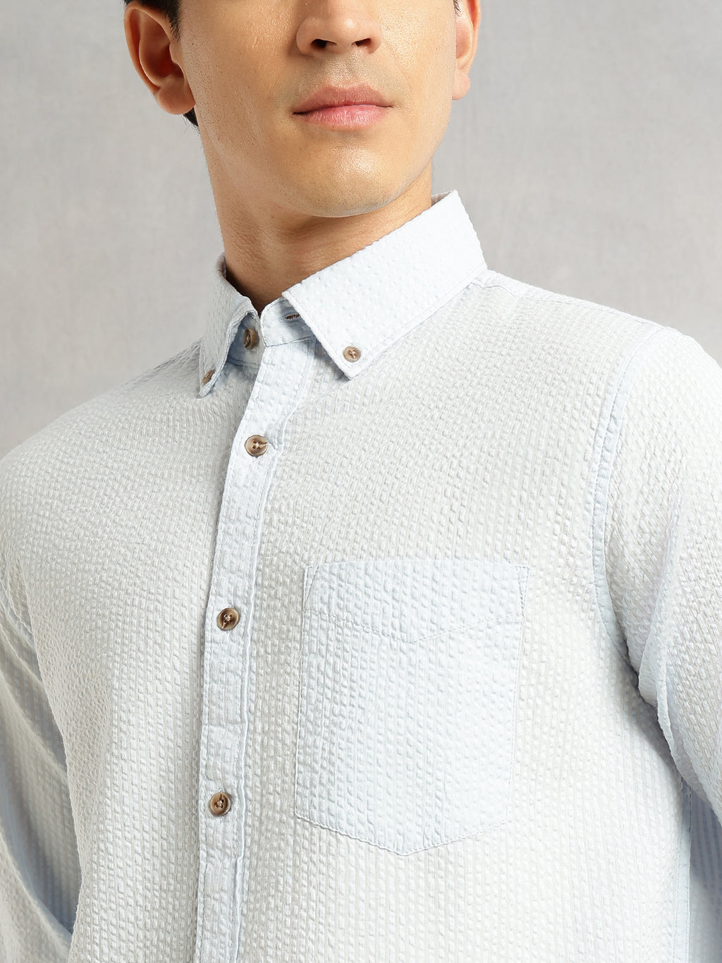 Thomas Scott Men Sky Blue Premium Slim Fit Long Regular Sleeves Button-Down Collar Pinstripes 100% Cotton Seersucker Casual Shirt