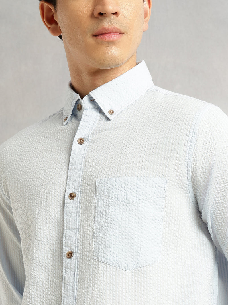 Thomas Scott Men Sky Blue Premium Slim Fit Long Regular Sleeves Button-Down Collar Pinstripes 100% Cotton Seersucker Casual Shirt