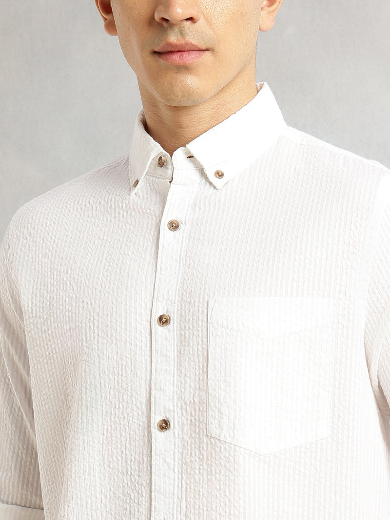 Thomas Scott Men White Premium Slim Fit Long Regular Sleeves Button-Down Collar Pinstripes 100% Cotton Seersucker Casual Shirt