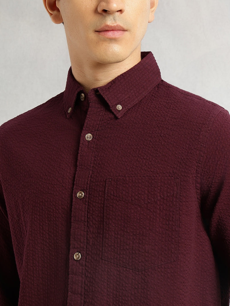 Thomas Scott Men Wine Premium Slim Fit Long Regular Sleeves Button-Down Collar Pinstripes 100% Cotton Seersucker Casual Shirt