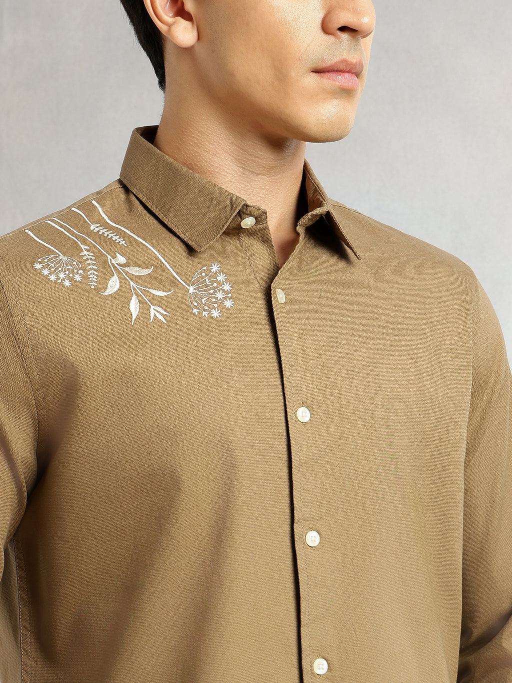 Thomas Scott Men Khaki Regular Fit Long Sleeves Spread Collar Oxford Embroidered Shirt