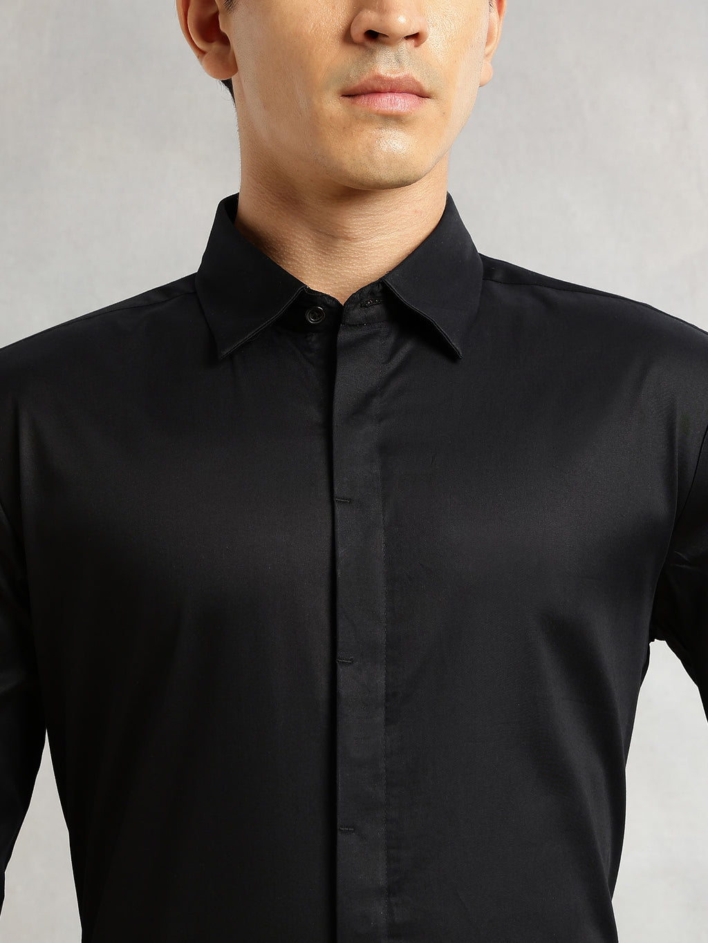 Thomas Scott Men Black Premium Long Sleeves Regular Fit Spread Collar Solid 100% Cotton Formal Shirt