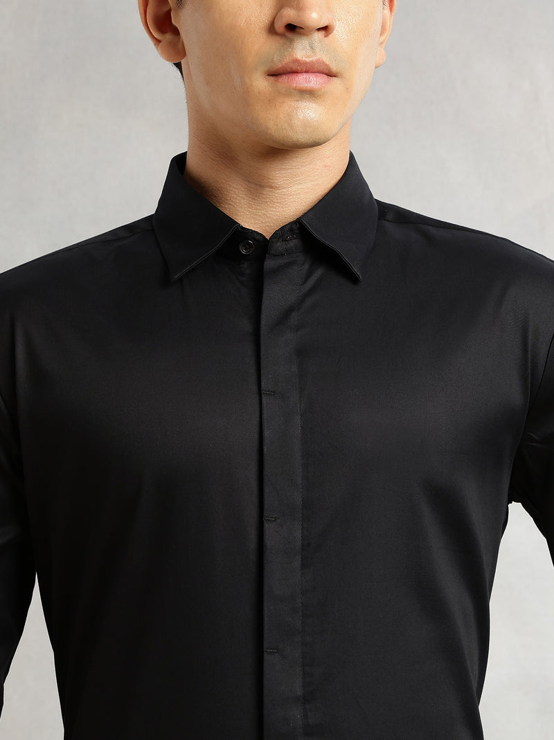 Thomas Scott Men Black Premium Long Sleeves Regular Fit Spread Collar Solid 100% Cotton Formal Shirt