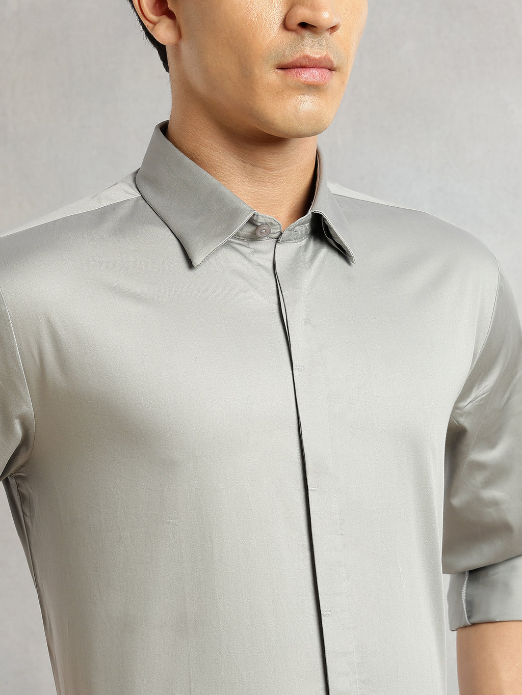 Thomas Scott Men Grey Premium Long Sleeves Regular Fit Spread Collar Solid 100% Cotton Formal Shirt