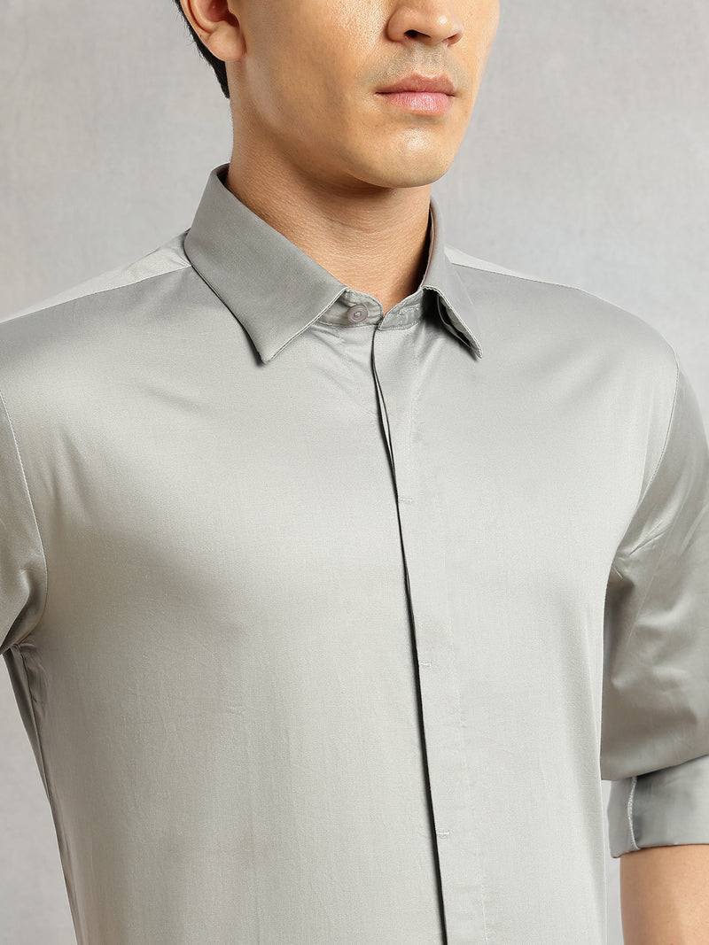 Thomas Scott Men Grey Premium Long Sleeves Regular Fit Spread Collar Solid 100% Cotton Formal Shirt