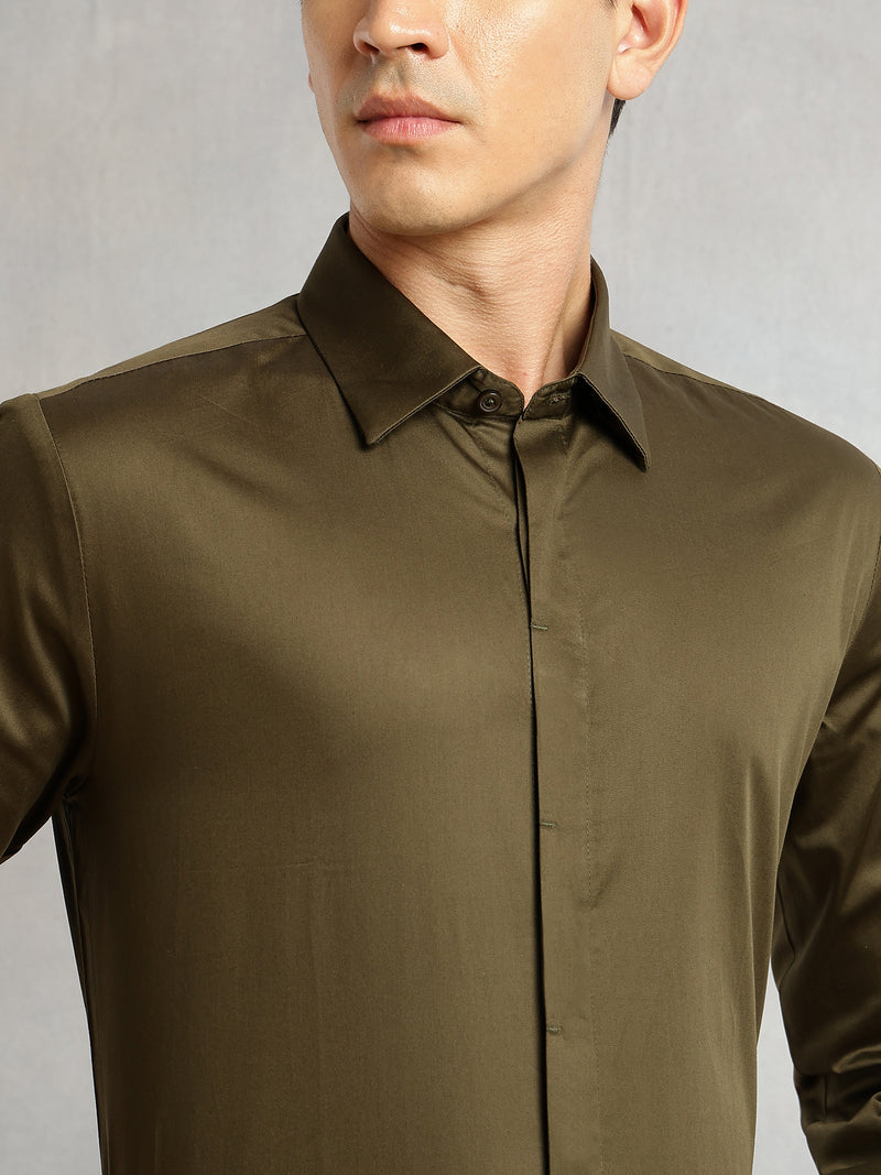 Thomas Scott Men Olive Premium Long Sleeves Regular Fit Spread Collar Solid 100% Cotton Formal Shirt