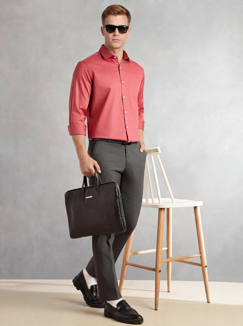 Thomas Scott Men Dark Peach Regular Fit Long Sleeves Spread Collar Solid 100% Cotton Formal Shirt