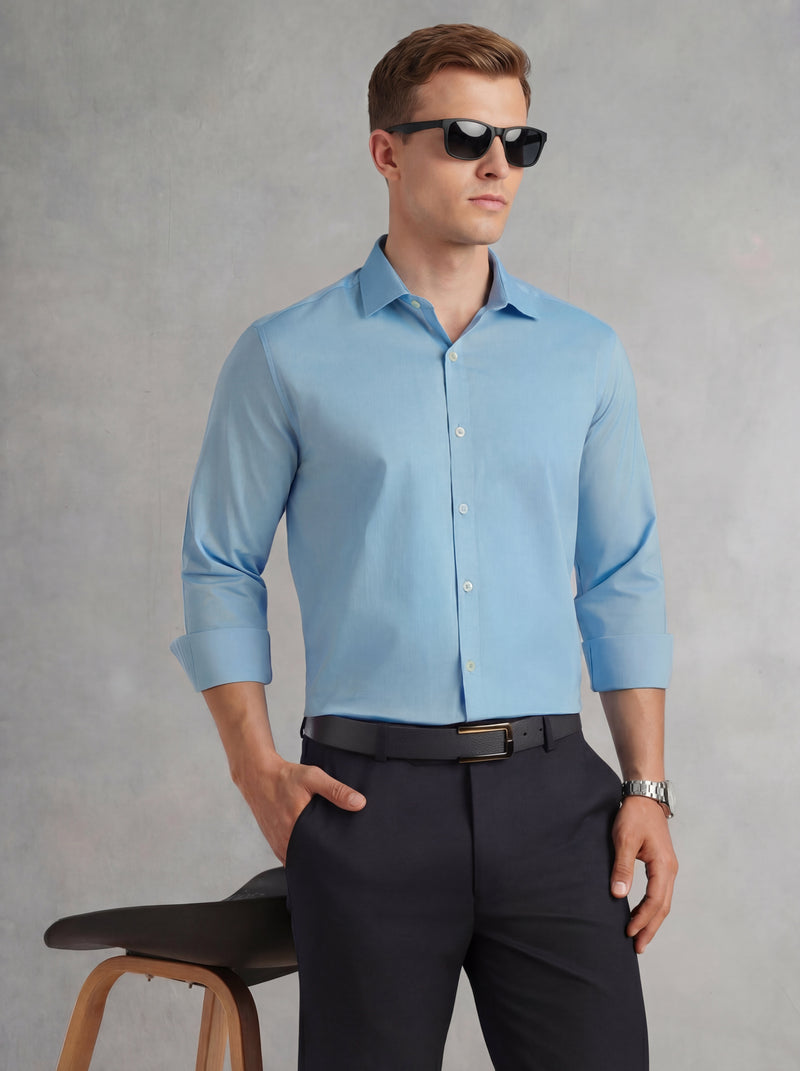 Thomas Scott Men Sky Blue Regular Fit Long Sleeves Spread Collar 100% Cotton Oxford Formal Shirt