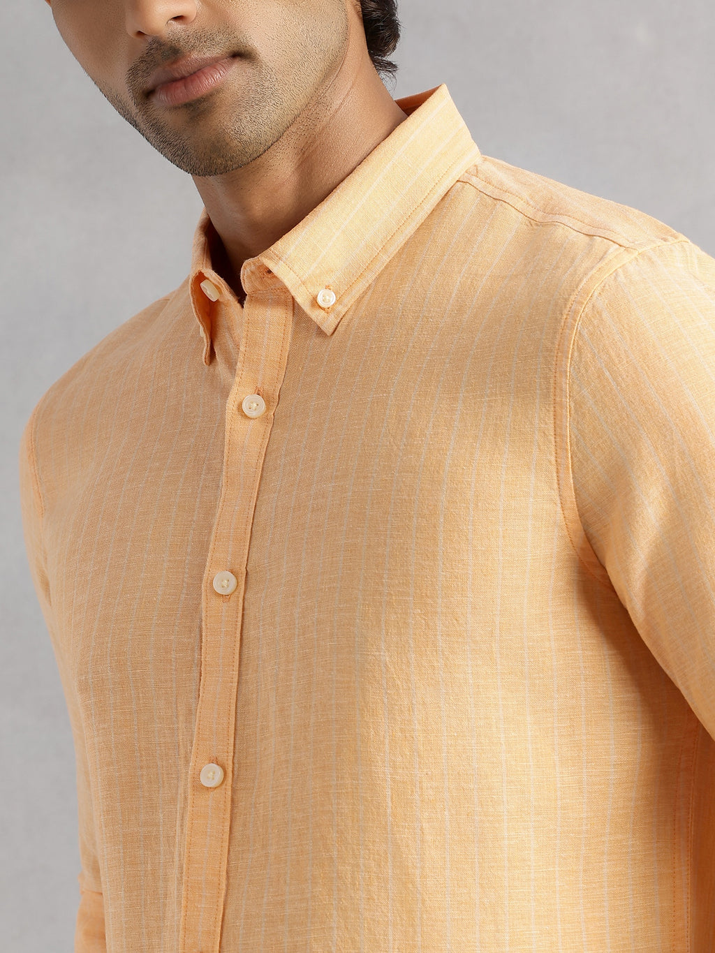 Thomas Scott Men Orange Slim Fit Long Regular Sleeves Vertical Striped Button-Down Collar Linen Casual Shirt