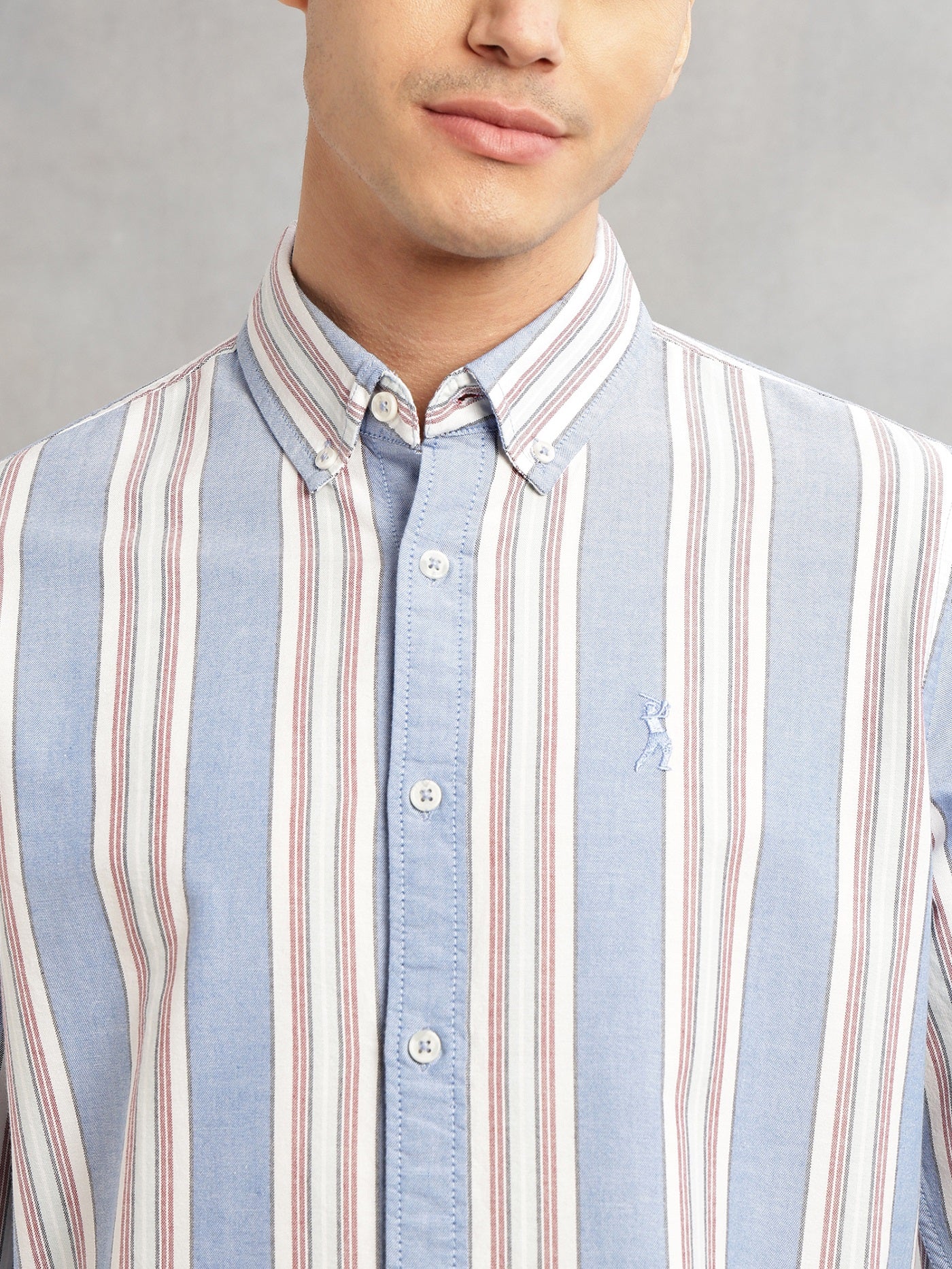Thomas Scott Men Blue Cricket Club Collection Slim Fit Long Sleeves Button-Down Collar Multi Stripes 100% Cotton Casual Shirt