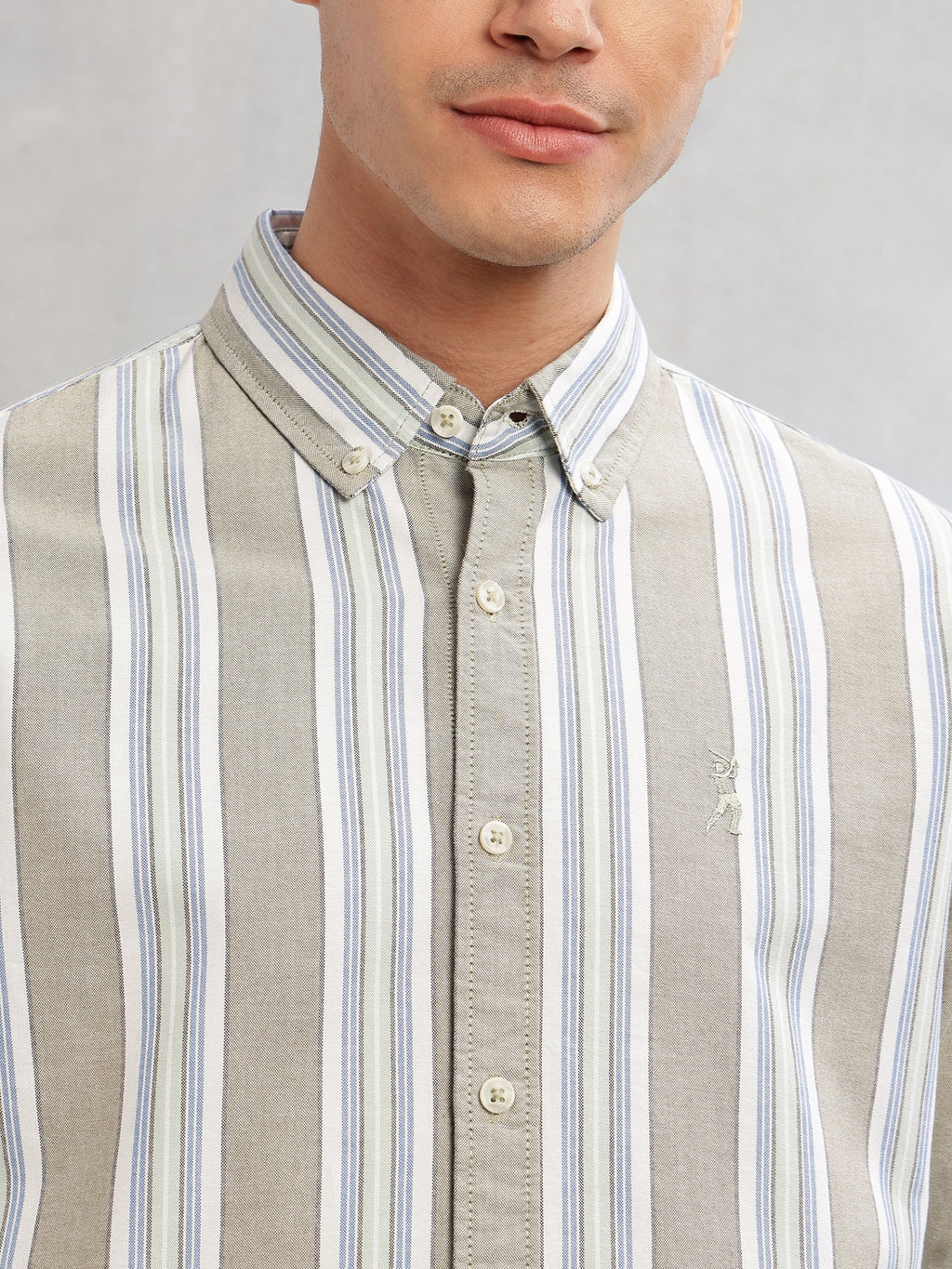 Thomas Scott Men Green Cricket Club Collection Slim Fit Long Sleeves Button-Down Collar Multi Stripes 100% Cotton Casual Shirt