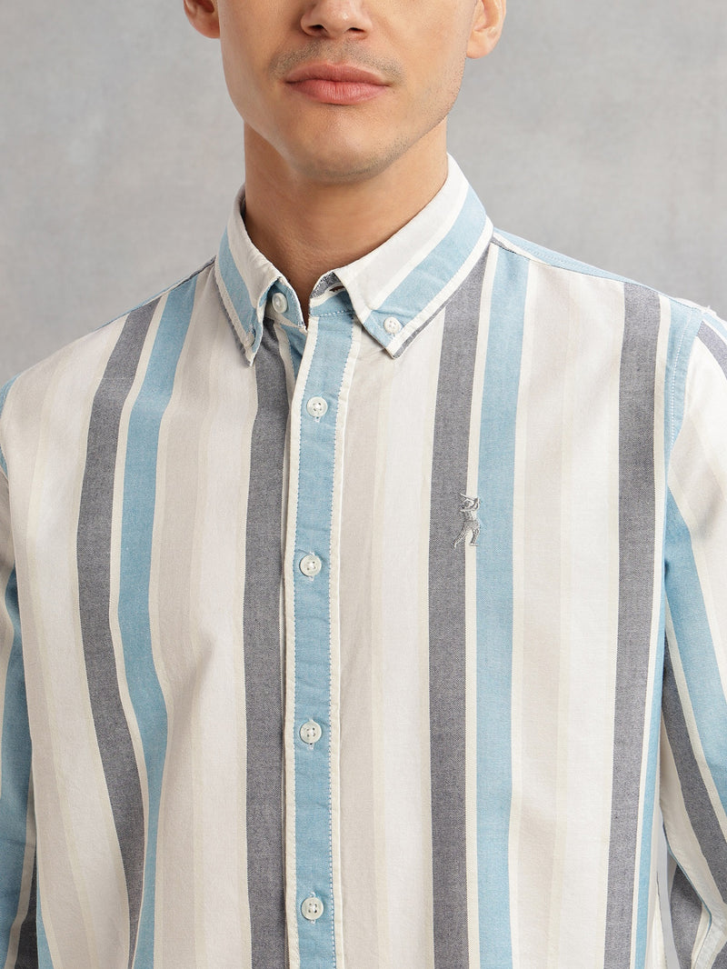Thomas Scott Men Blue Cricket Club Collection Slim Fit Long Sleeves Button Down Collar Multi Stripes Oxford Casual Shirt