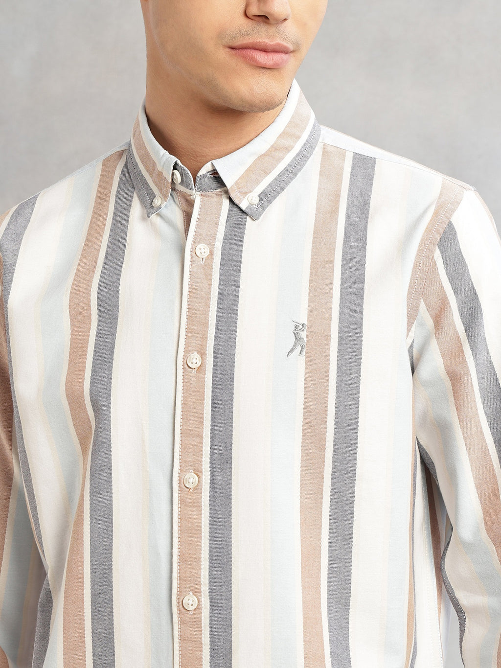 Thomas Scott Men White Cricket Club Collection Slim Fit Long Sleeves Button Down Collar Multi Stripes Oxford Casual Shirt