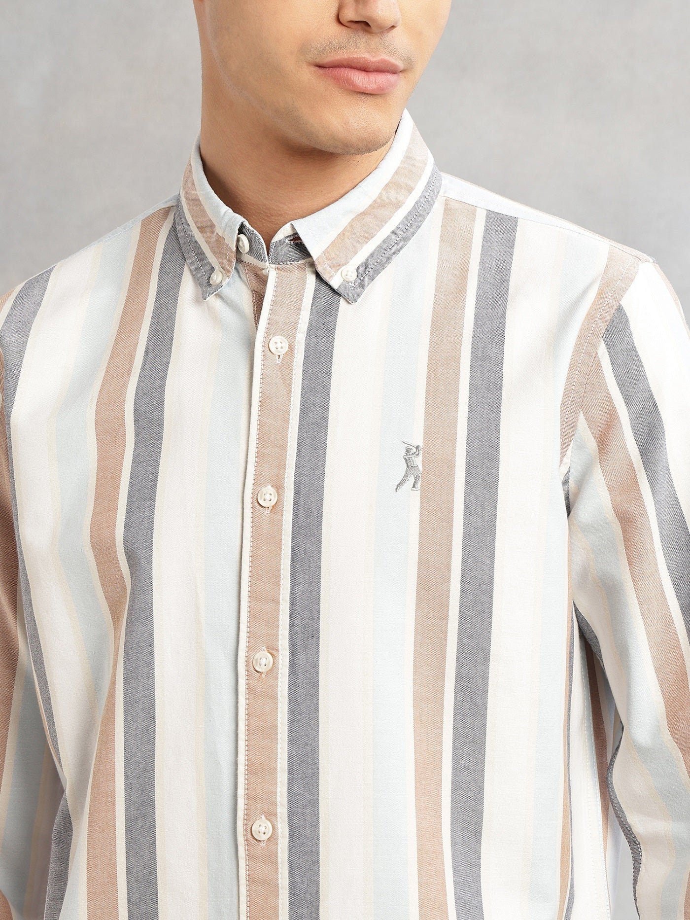 Thomas Scott Men White Cricket Club Collection Slim Fit Long Sleeves Button Down Collar Multi Stripes Oxford Casual Shirt