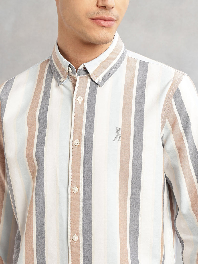 Thomas Scott Men White Cricket Club Collection Slim Fit Long Sleeves Button Down Collar Multi Stripes Oxford Casual Shirt