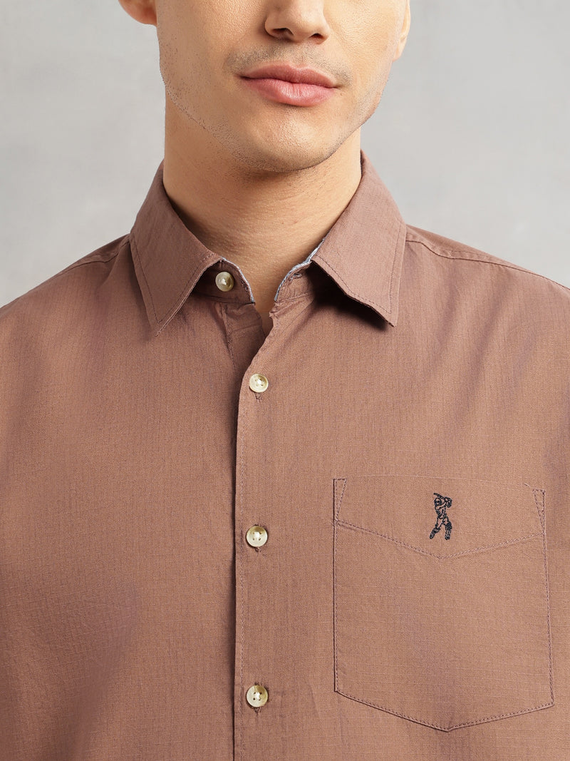 Thomas Scott Men Brown Cricket Club Collection Slim Fit Long Sleeves Spread Collar Solid Cotton Casual Shirt