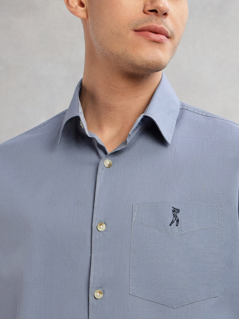 Thomas Scott Men Mid Blue Cricket Club Collection Slim Fit Long Sleeves Spread Collar Solid Cotton Casual Shirt