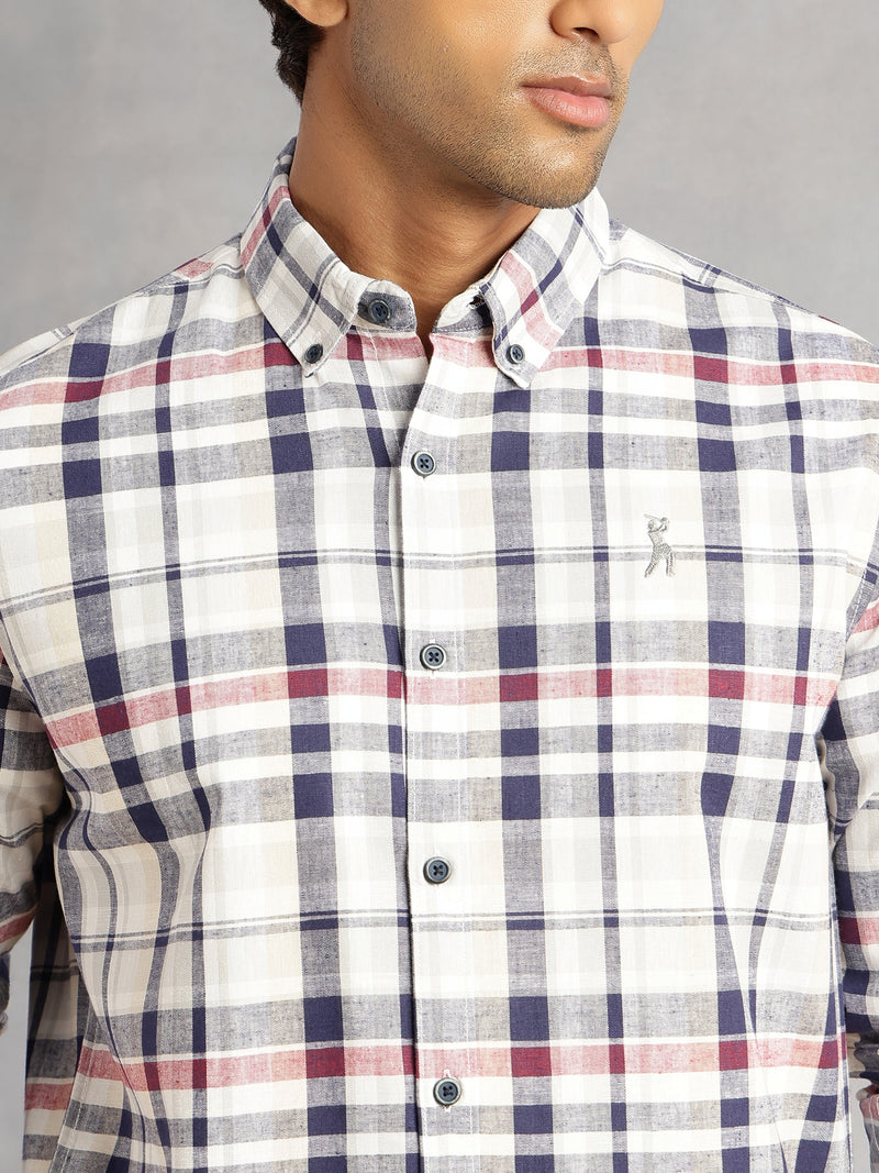 Thomas Scott Men White Cricket Club Collection Slim Fit Long Sleeves Button-Down Collar Cotton Linen Plaid Check Shirt