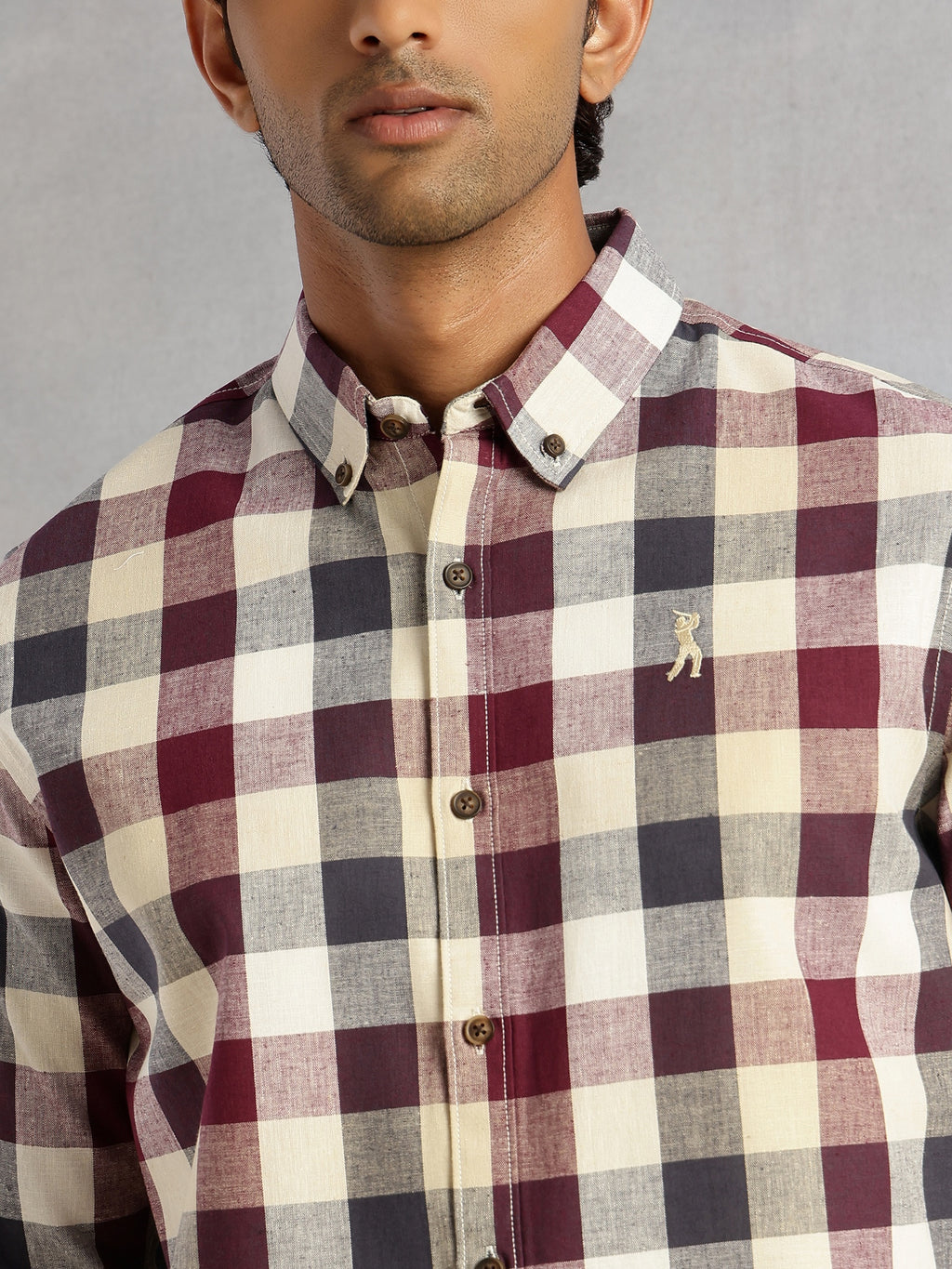 Thomas Scott Men Maroon Cricket Club Collection Long Sleeves Button-Down Collar Cotton Linen Gingham Checks Shirt