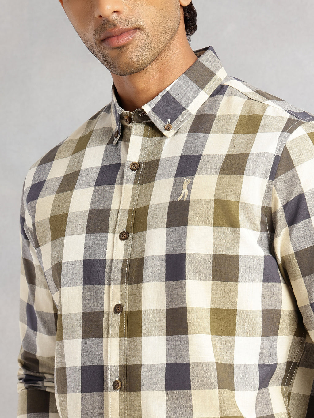 Thomas Scott Men Navy Cricket Club Collection Long Sleeves Button-Down Collar Cotton Linen Gingham Checks Shirt