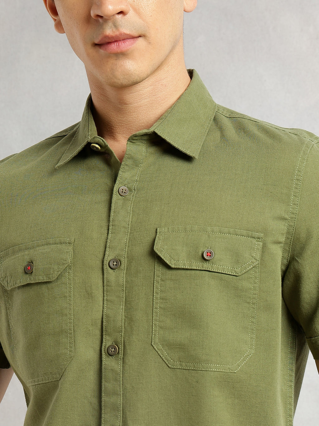 Thomas Scott Men Olive Premium Short Sleeves Slim Fit Spread Collar 2 Flap Pockets Solid Cotton Linen Casual Shirt