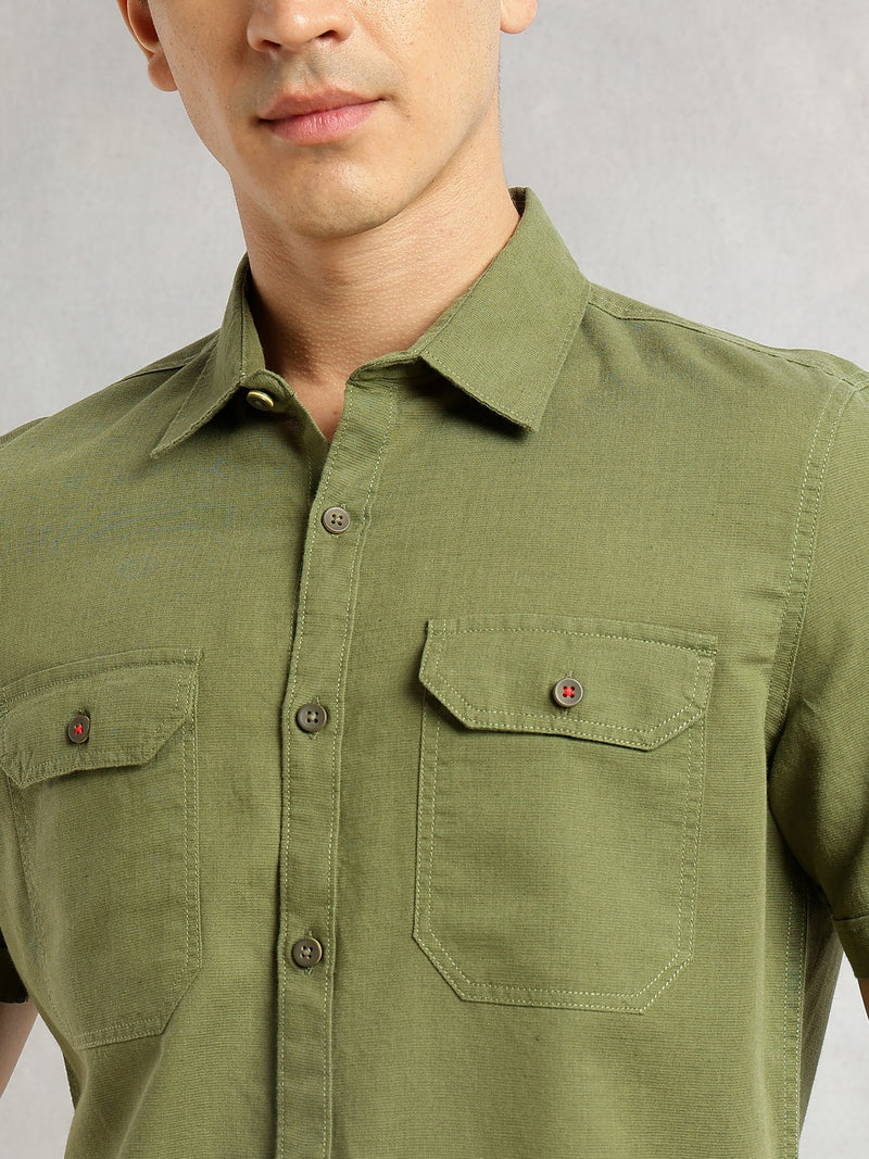 Thomas Scott Men Olive Premium Short Sleeves Slim Fit Spread Collar 2 Flap Pockets Solid Cotton Linen Casual Shirt
