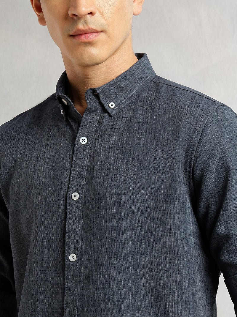 Thomas Scott Men Mid Blue Slim Fit Long Sleeves Button-Down Collar Polyester Casual Shirt