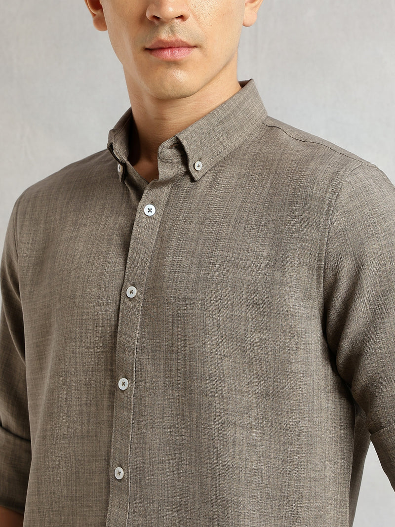 Thomas Scott Men Ivory Slim Fit Long Sleeves Button-Down Collar Polyester Casual Shirt