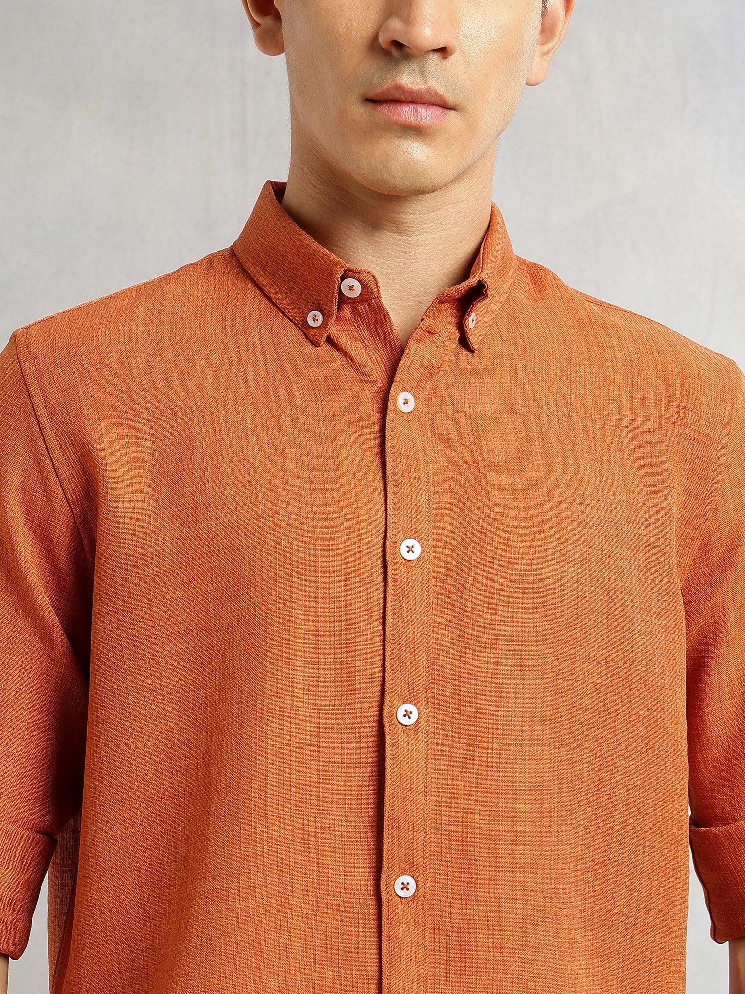 Thomas Scott Men Rust Slim Fit Long Sleeves Button-Down Collar Polyester Casual Shirt