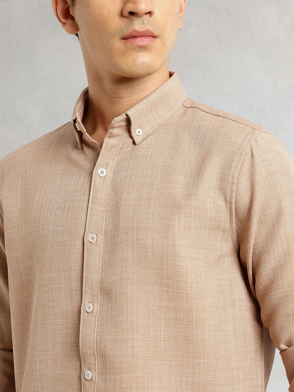 Thomas Scott Men Khaki Slim Fit Long Sleeves Button-Down Collar Polyester Casual Shirt