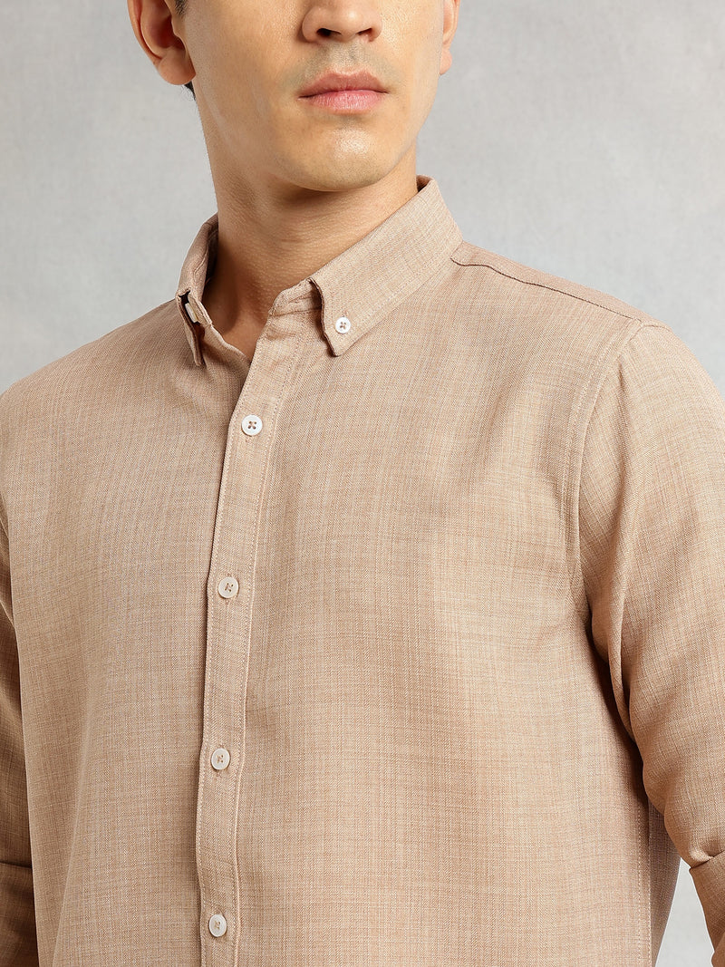 Thomas Scott Men Khaki Slim Fit Long Sleeves Button-Down Collar Polyester Casual Shirt