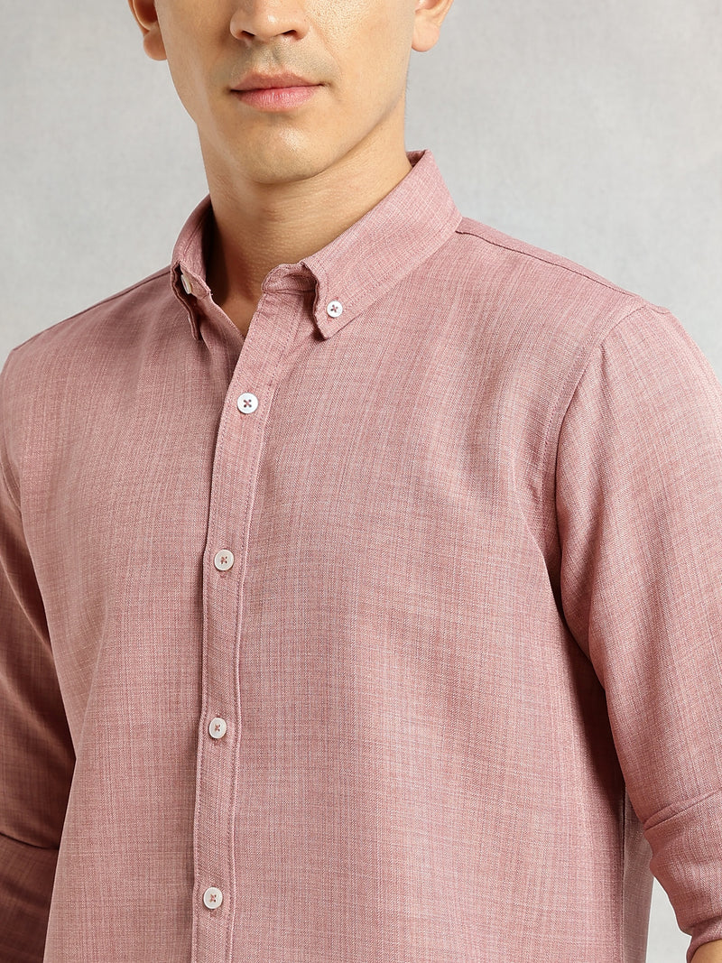 Thomas Scott Men Baby Pink Slim Fit Long Sleeves Button-Down Collar Polyester Casual Shirt