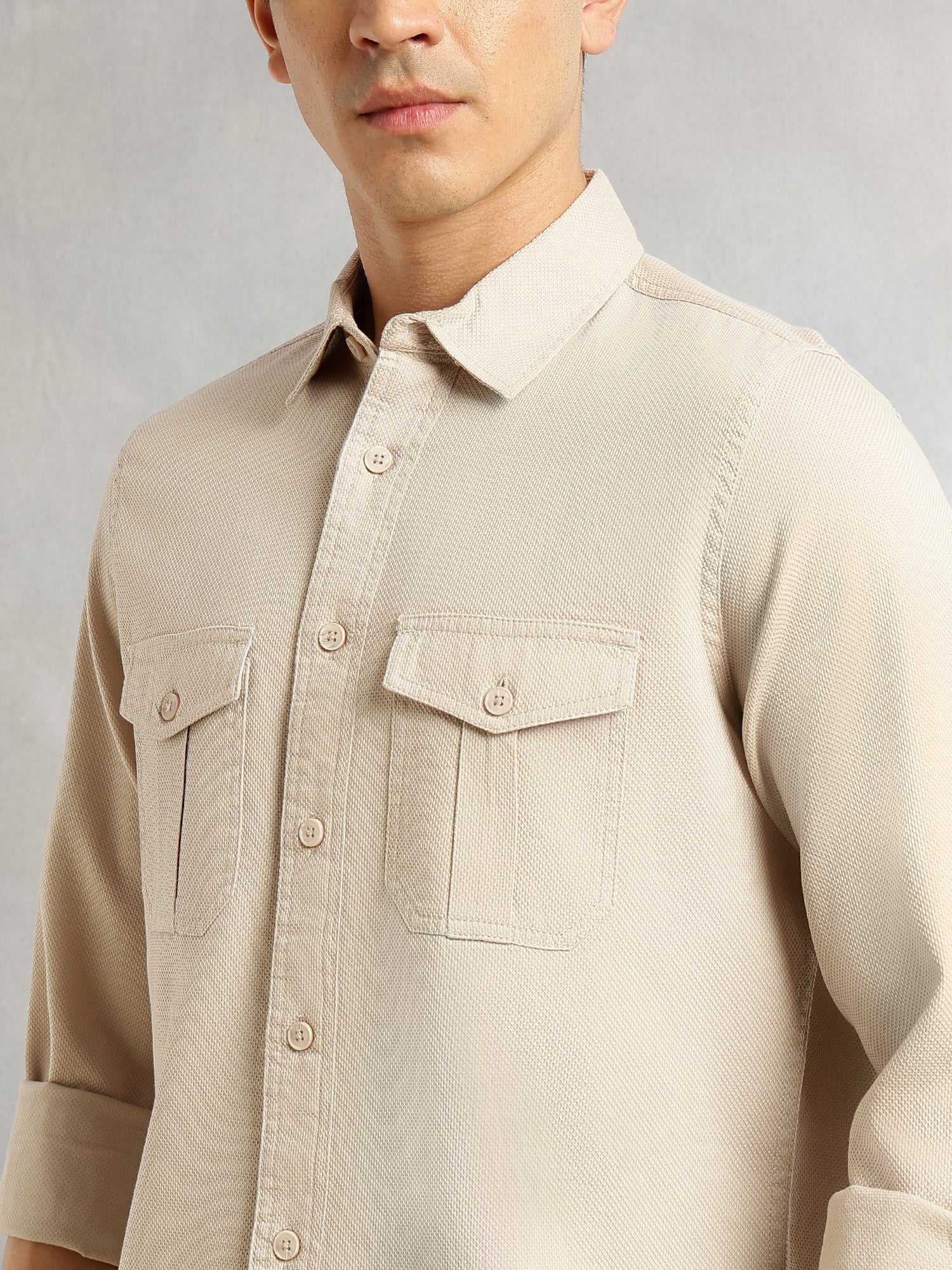 Thomas Scott Men Beige Cricket Club Collection Men Slim Fit Cotton Casual Shirt-Dual Flap Pocket