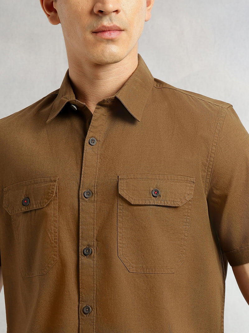 Thomas Scott Men Brown Men Cricket Club Collection Premium Slim Fit Casual Shirt-Dual Flap Pockets With Short Sleeves