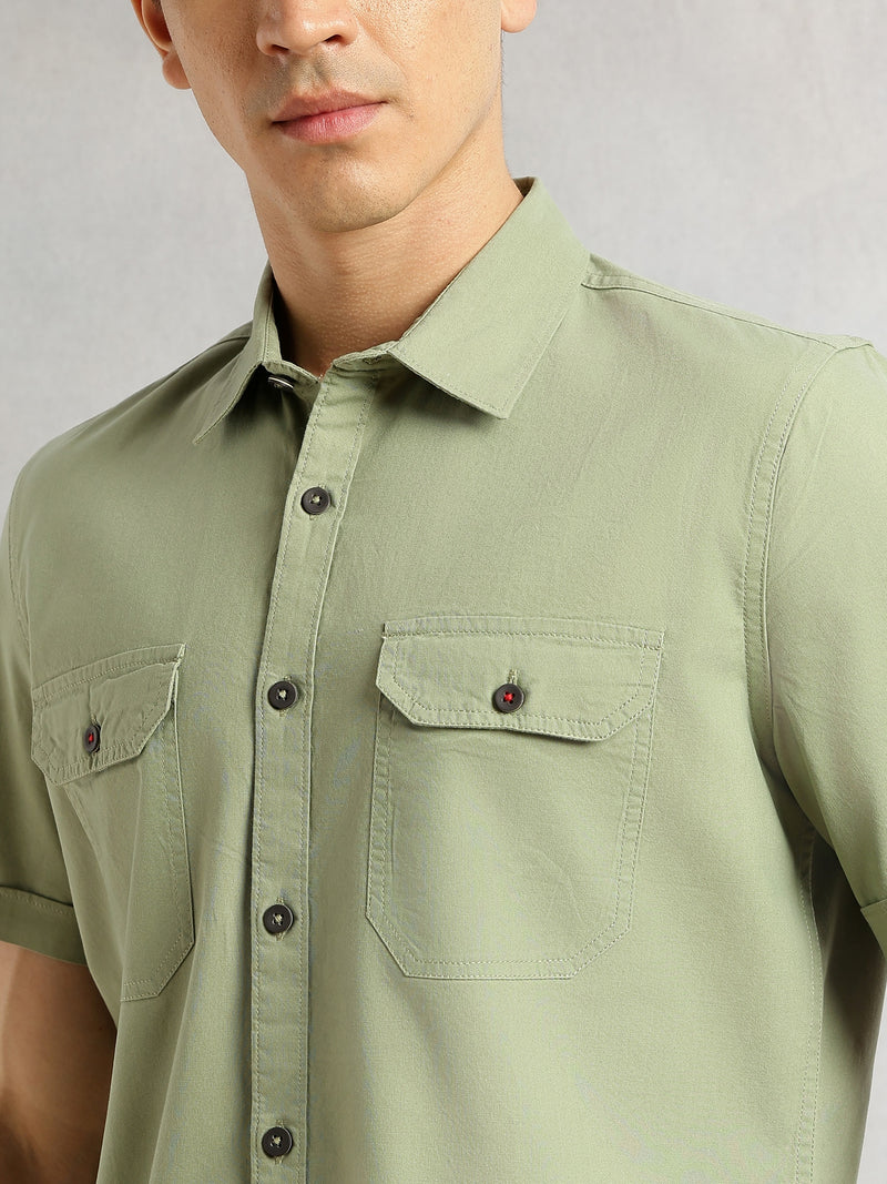 Thomas Scott Men Light Olive Men Cricket Club Collection Premium Slim Fit Casual Shirt-Dual Flap Pockets With Short Sleeves