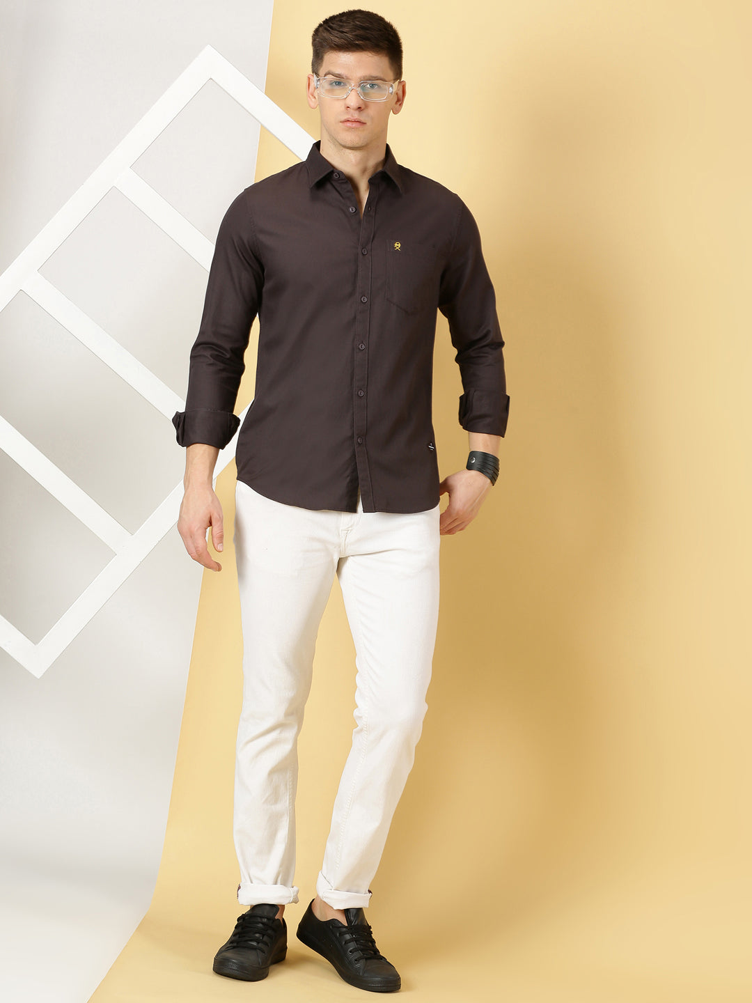 Thomas Scott Men Dark Grey Standard Slim Fit Spread Collar Long Sleeves 100% Cotton Casual Shirt