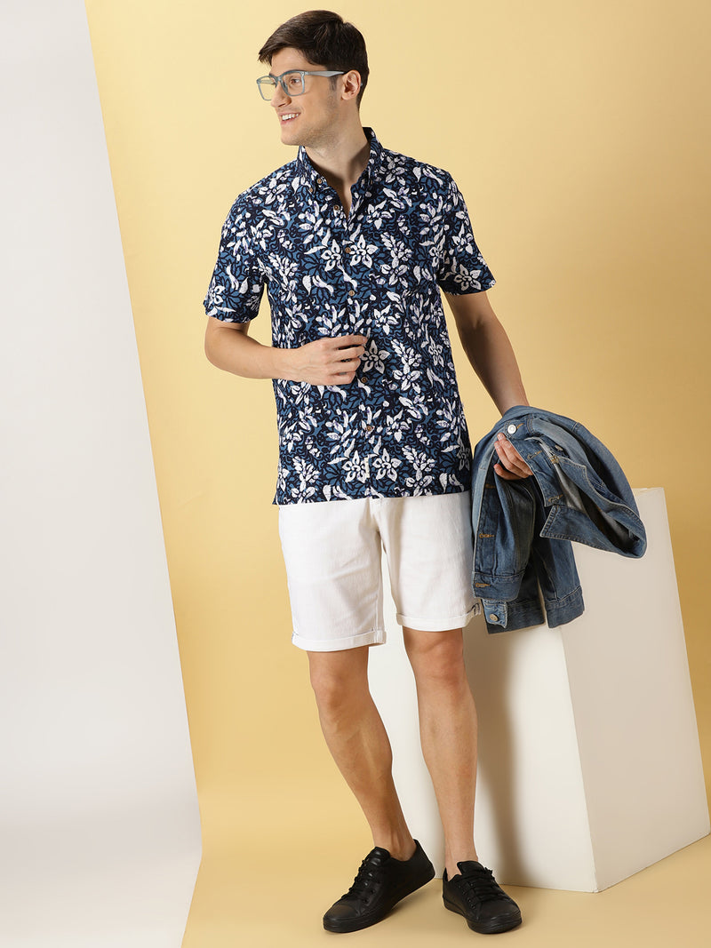Thomas Scott Men Blue Smart Spread Collar Short Sleeves Slim Fit Floral Printed 100% Cotton Casual Shirt