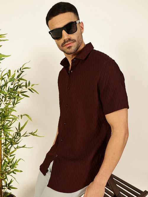 Thomas Scott Men Maroon Premium Short Sleeves Regular Fit Spread Collar Textured Casual Shirt