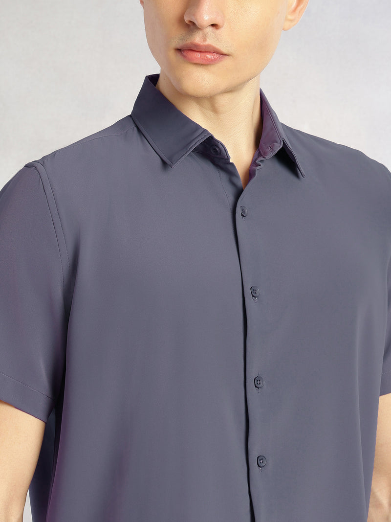 Thomas Scott Men Grey Regular Fit Short Sleeves Spread Collar Solid Polyester Casual Shirt