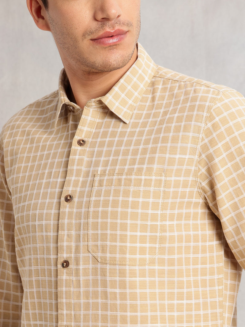 Thomas Scott Men Beige Regular Fit Long Sleeves Spread Collar Windowpane Check 100% Cotton Casual Shirt