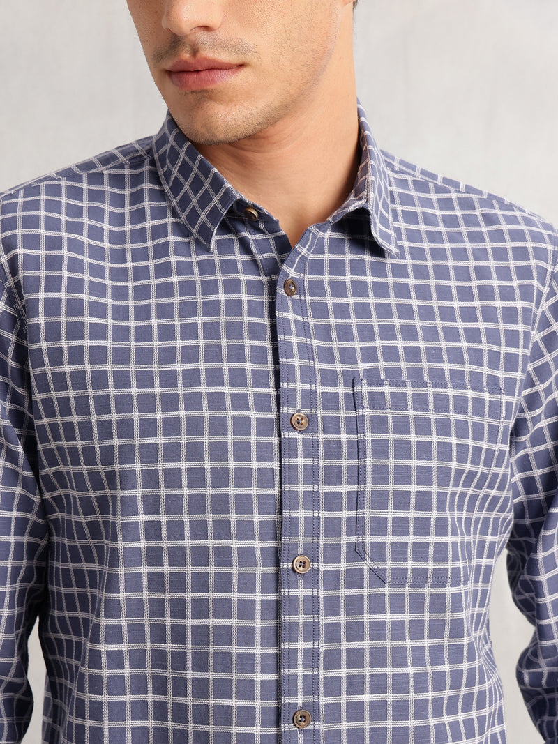 Thomas Scott Men Blue Regular Fit Long Sleeves Spread Collar Windowpane Check 100% Cotton Casual Shirt
