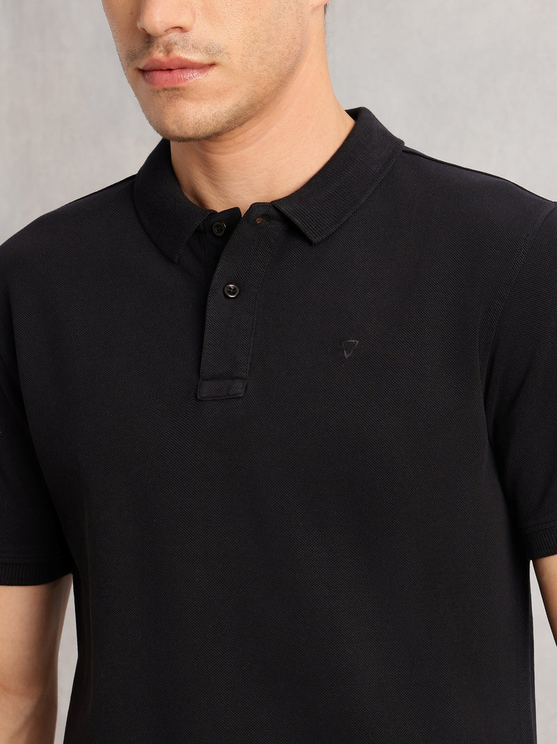 Thomas Scott Men Black Short Sleeves Regular Fit Solid 100% Cotton Polo Collar Knitted T-shirt