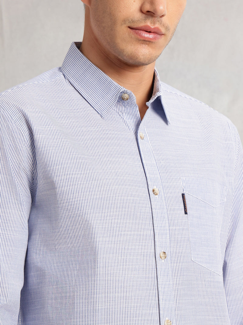 Thomas Scott Men Blue Cricket Club Collection Pinstripe Long Sleeves Regular Fit Cotton Linen Casual Shirt