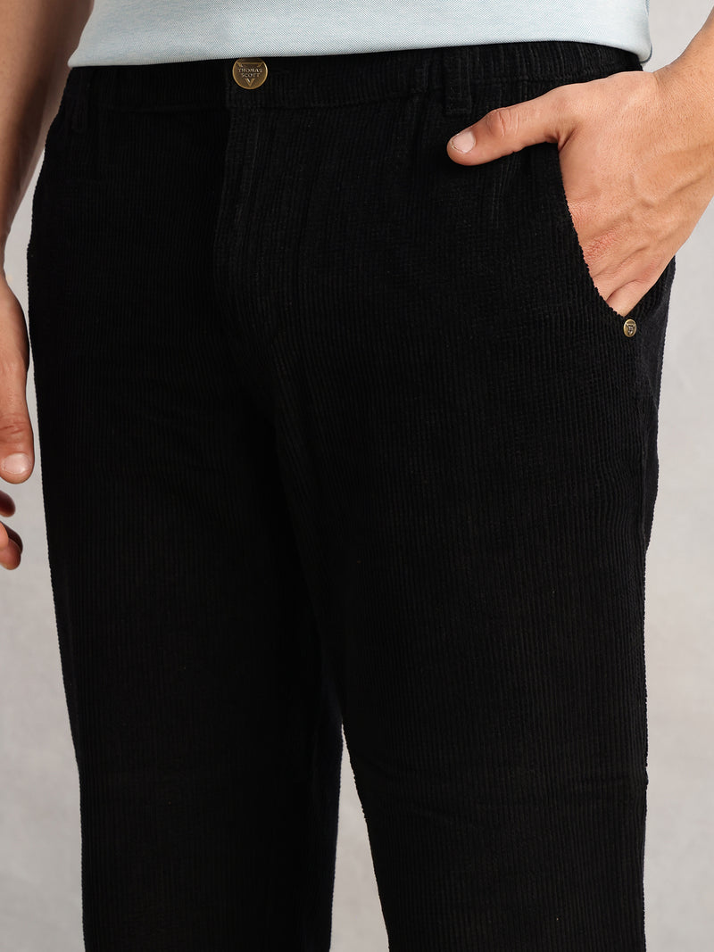 Thomas Scott Men Black Regular Fit Mid-Rise Textured 4-Pockets Design Corduroy Trouser