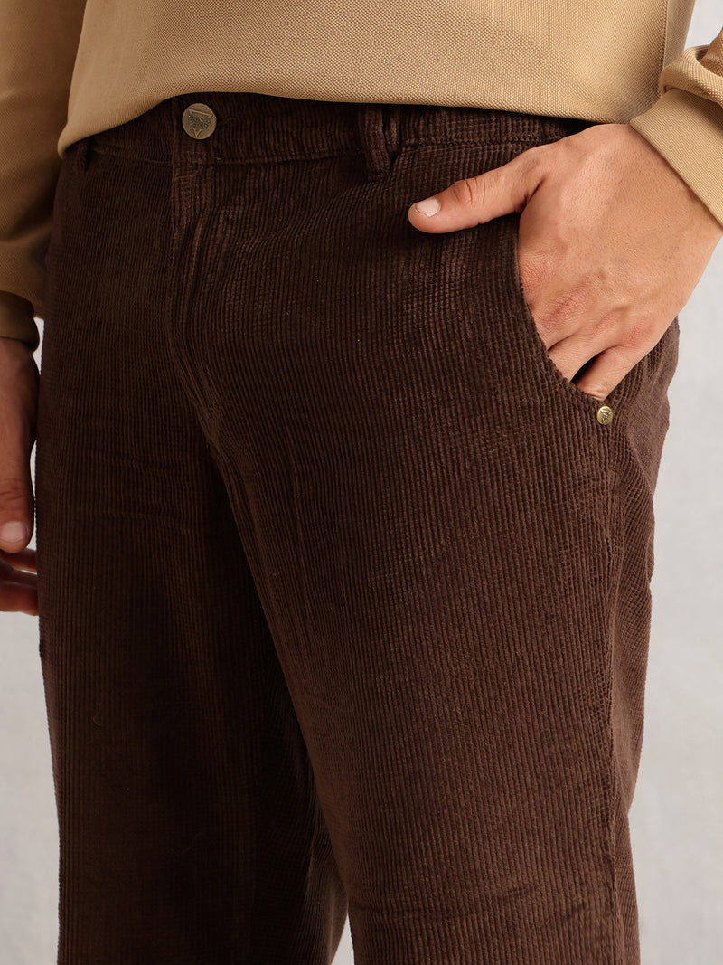 Thomas Scott Men Brown Regular Fit Mid-Rise Textured 4-Pockets Design Corduroy Trouser