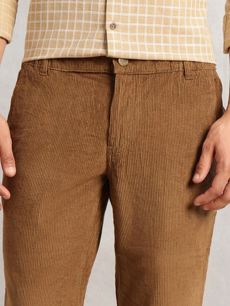 Thomas Scott Men Khaki Regular Fit Mid-Rise Textured 4-Pockets Design Corduroy Trouser